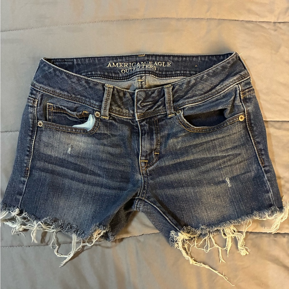 American Eagle Outfitters Women's Frayed Hem Jean Shorts - Dark Blue